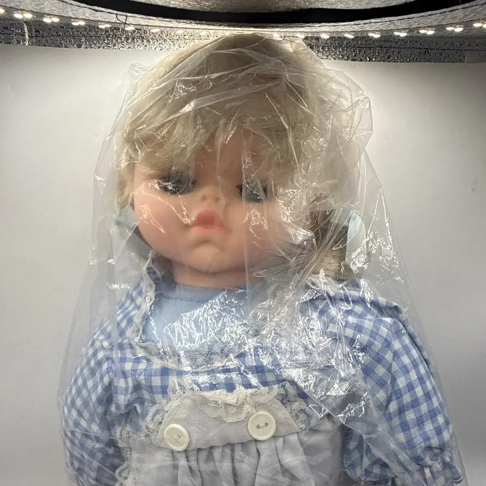 Vintage 15” Soft Body Baby Doll Blonde Hair Blue Gingham Dress *